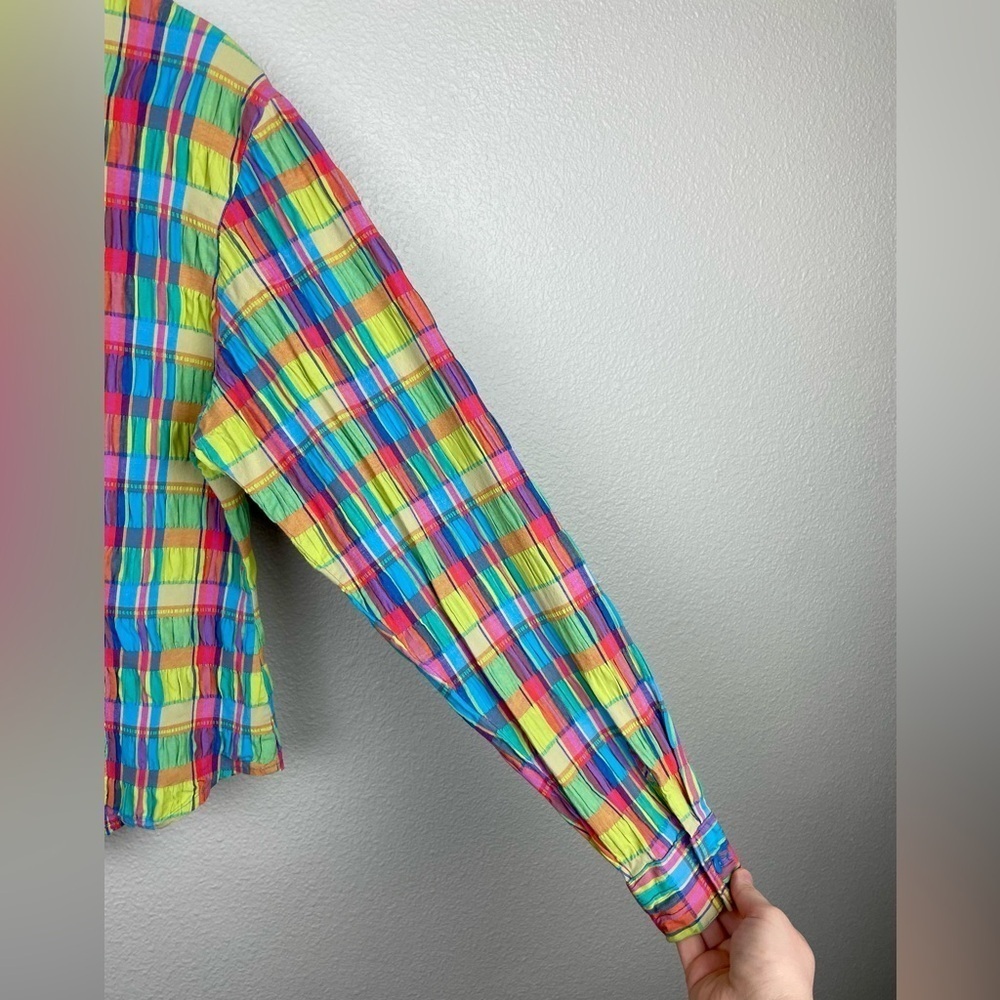 VTG Junior's Medium Roughrider by Circle K Rainbow Plaid Collared Shirt Smocked - Picture 13 of 16